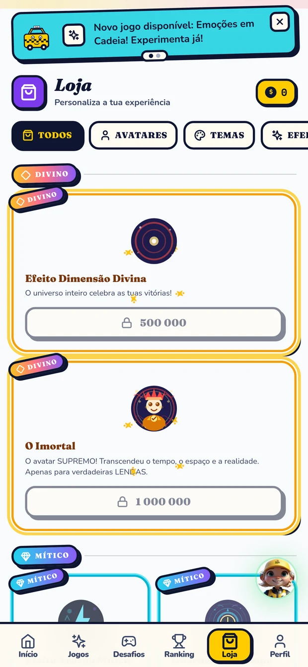 Ecrã da loja da app TAXI com avatares e efeitos